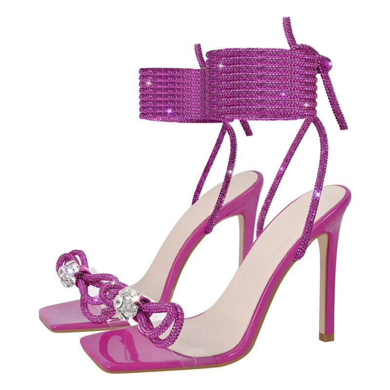 Only maker Frauen Bogen Strass Sommers andalen Kristall Schnürung Stiletto mehrfarbige quadratische Zehen Kreuz riemen dünne Sandalen mit hohen Absätzen - Blockshop.store