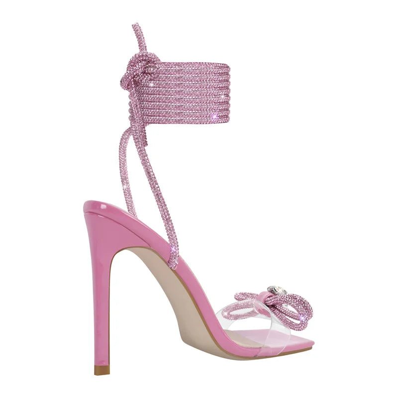 Only maker Frauen Bogen Strass Sommers andalen Kristall Schnürung Stiletto mehrfarbige quadratische Zehen Kreuz riemen dünne Sandalen mit hohen Absätzen - Blockshop.store