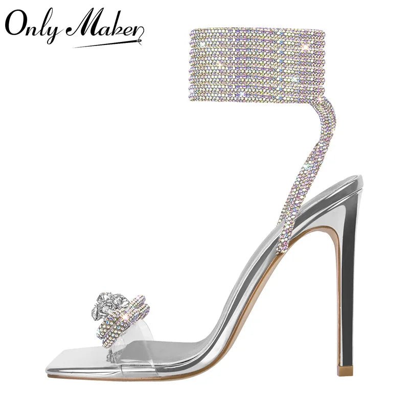 Only maker Frauen Bogen Strass Sommers andalen Kristall Schnürung Stiletto mehrfarbige quadratische Zehen Kreuz riemen dünne Sandalen mit hohen Absätzen - Blockshop.store