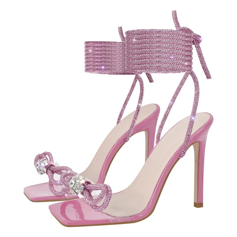 Only maker Frauen Bogen Strass Sommers andalen Kristall Schnürung Stiletto mehrfarbige quadratische Zehen Kreuz riemen dünne Sandalen mit hohen Absätzen - Blockshop.store