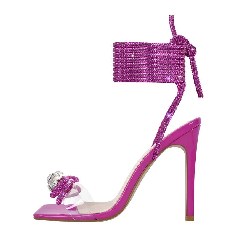 Only maker Frauen Bogen Strass Sommers andalen Kristall Schnürung Stiletto mehrfarbige quadratische Zehen Kreuz riemen dünne Sandalen mit hohen Absätzen - Blockshop.store