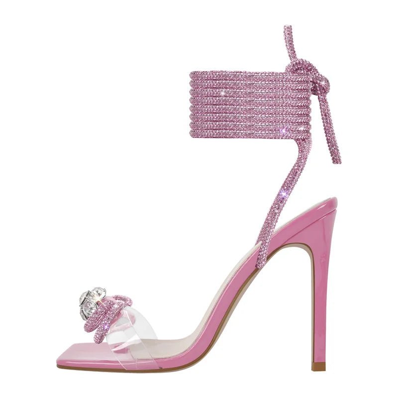 Only maker Frauen Bogen Strass Sommers andalen Kristall Schnürung Stiletto mehrfarbige quadratische Zehen Kreuz riemen dünne Sandalen mit hohen Absätzen - Blockshop.store
