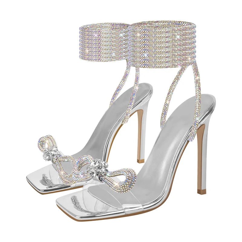 Only maker Frauen Bogen Strass Sommers andalen Kristall Schnürung Stiletto mehrfarbige quadratische Zehen Kreuz riemen dünne Sandalen mit hohen Absätzen - Blockshop.store