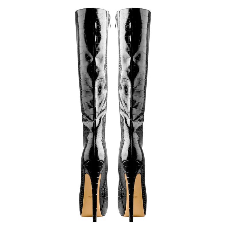 Only maker Frauen Krokodil Plattform Reiß verschluss kniehohe Stiefel 16cm dünne High Heel spitzen Zehen Muster Mode sexy Winters tiefel - Blockshop.store