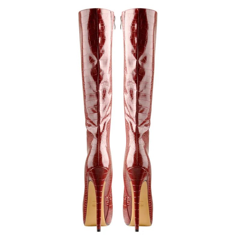 Only maker Frauen Krokodil Plattform Reiß verschluss kniehohe Stiefel 16cm dünne High Heel spitzen Zehen Muster Mode sexy Winters tiefel - Blockshop.store