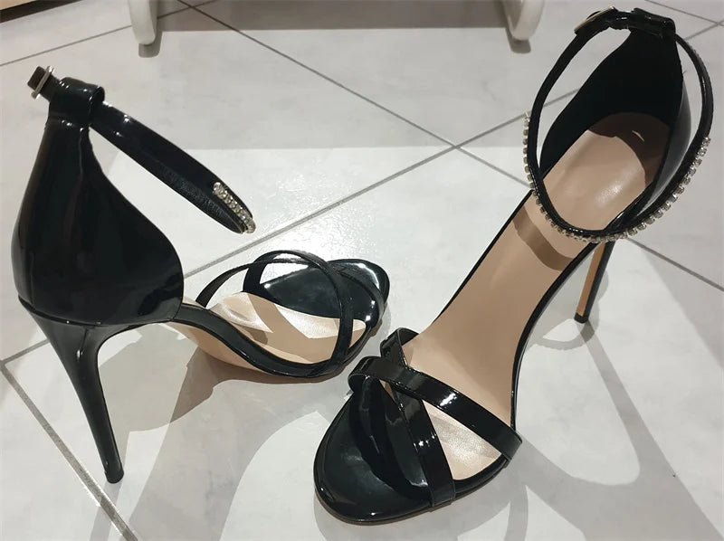 Only maker Frauen Peep Toe Knöchel riemen Strass Stilettos 12cm Absatz Sandalen Open Toe Cross Band Party Dressing Prom Sandalen - Blockshop.store