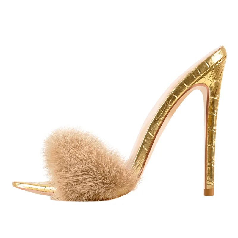 Only maker Frauen Peep Toe Panto letten Kunst pelz Slip auf Gold weiß dünne hohe Sandalen große Größe hochwertige Sommer Marke Heels - Blockshop.store