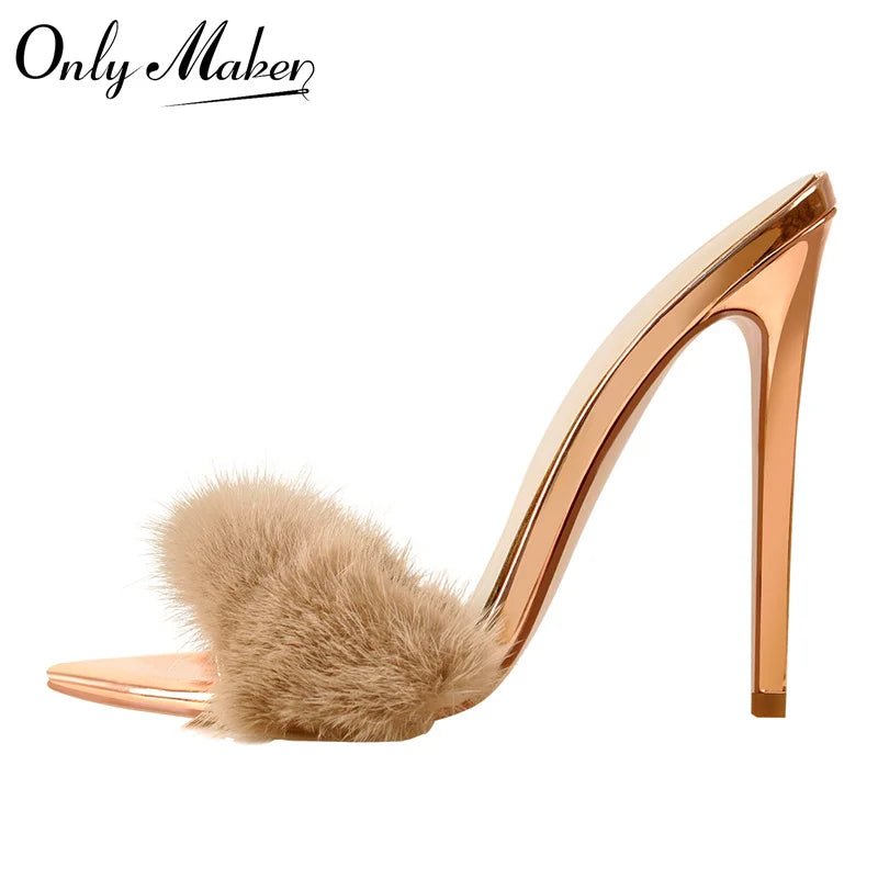 Only maker Frauen Peep Toe Panto letten Kunst pelz Slip auf Gold weiß dünne hohe Sandalen große Größe hochwertige Sommer Marke Heels - Blockshop.store