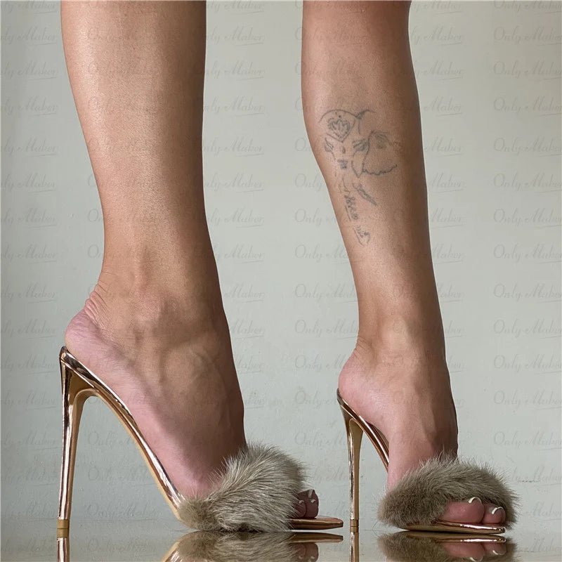 Only maker Frauen Peep Toe Panto letten Kunst pelz Slip auf Gold weiß dünne hohe Sandalen große Größe hochwertige Sommer Marke Heels - Blockshop.store