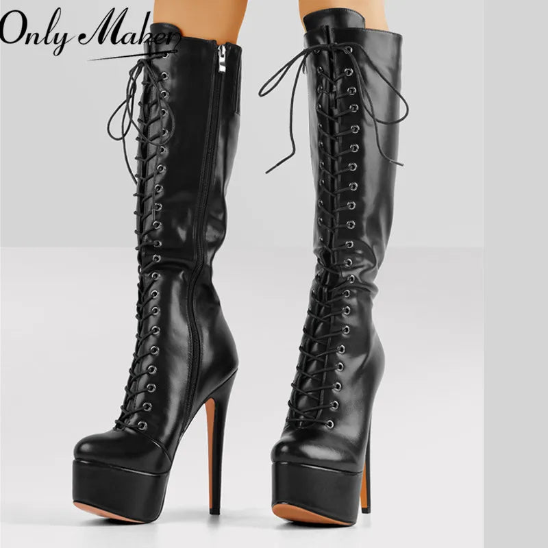 Only maker Frauen Plattform die kniehohen Stiefel vorne Schnürung dünne Ferse Stiletto Stretch große Größe Winter sexy Frau Stiefel - Blockshop.store