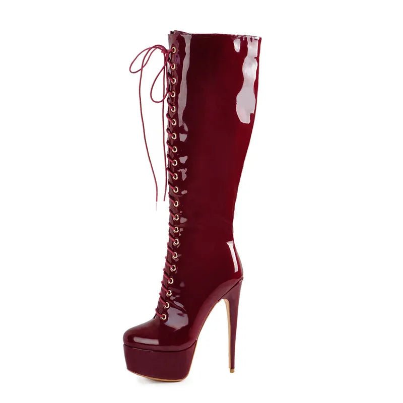Only maker Frauen Plattform die kniehohen Stiefel vorne Schnürung dünne Ferse Stiletto Stretch große Größe Winter sexy Frau Stiefel - Blockshop.store