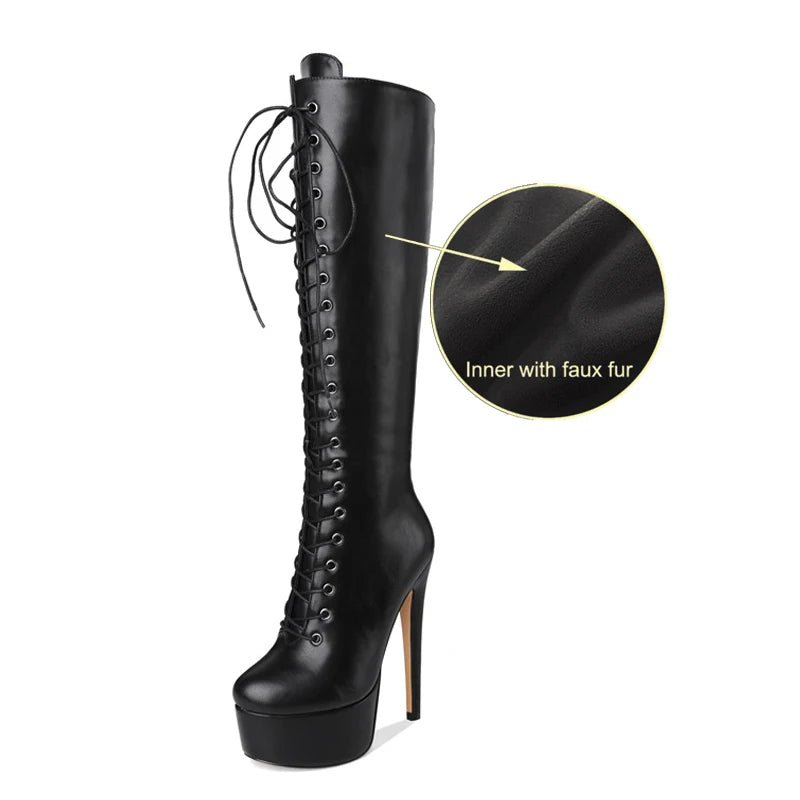 Only maker Frauen Plattform die kniehohen Stiefel vorne Schnürung dünne Ferse Stiletto Stretch große Größe Winter sexy Frau Stiefel - Blockshop.store
