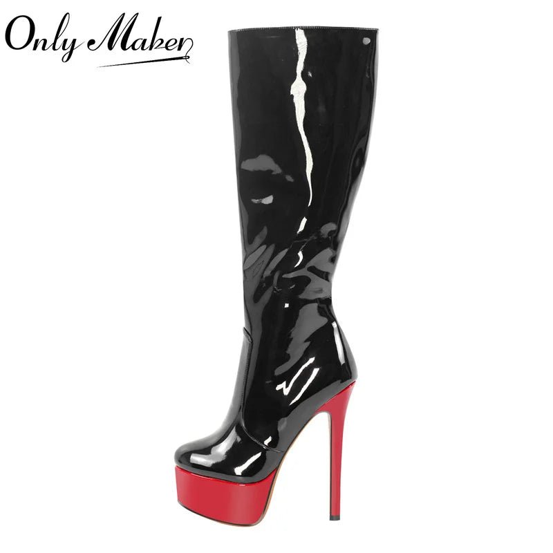 Only maker Frauen Plattform Lack leder kniehohe Stiefel Seite Reiß verschluss dünne Ferse Stiletto große Größe Winter sexy Dame Stiefel - Blockshop.store