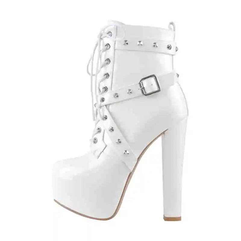 Only maker Frauen Plattform runde Zehen Stiefeletten blockieren klobige High Heels Schnürung schwarz weiß plus Größe Party kleid Stiefeletten - Blockshop.store