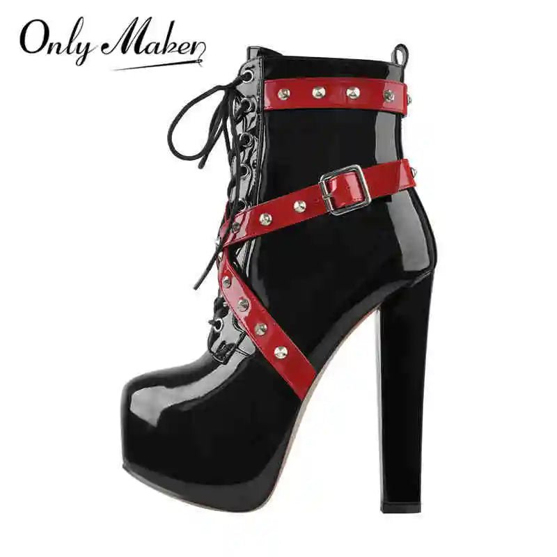 Only maker Frauen Plattform runde Zehen Stiefeletten blockieren klobige High Heels Schnürung schwarz weiß plus Größe Party kleid Stiefeletten - Blockshop.store