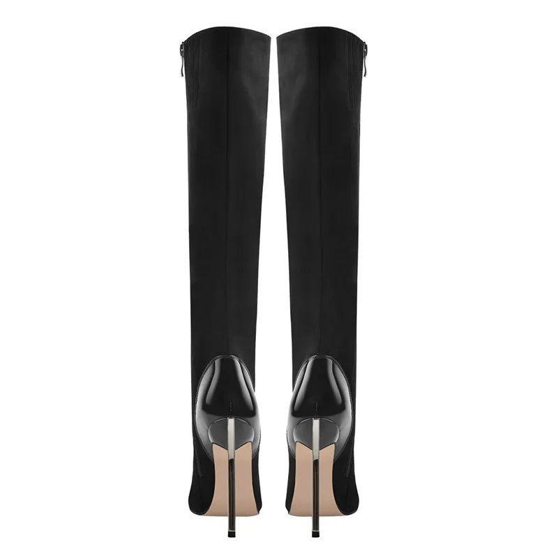 Only maker Frauen spitzen Zehen Metall absatz sexy schwarz über dem Knie Schnürung Flock Stiletto High Side Reiß verschluss Winters tiefel - Blockshop.store