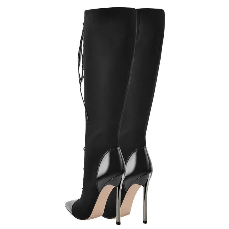 Only maker Frauen spitzen Zehen Metall absatz sexy schwarz über dem Knie Schnürung Flock Stiletto High Side Reiß verschluss Winters tiefel - Blockshop.store