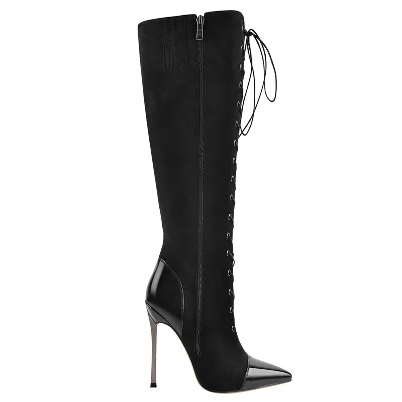 Only maker Frauen spitzen Zehen Metall absatz sexy schwarz über dem Knie Schnürung Flock Stiletto High Side Reiß verschluss Winters tiefel - Blockshop.store