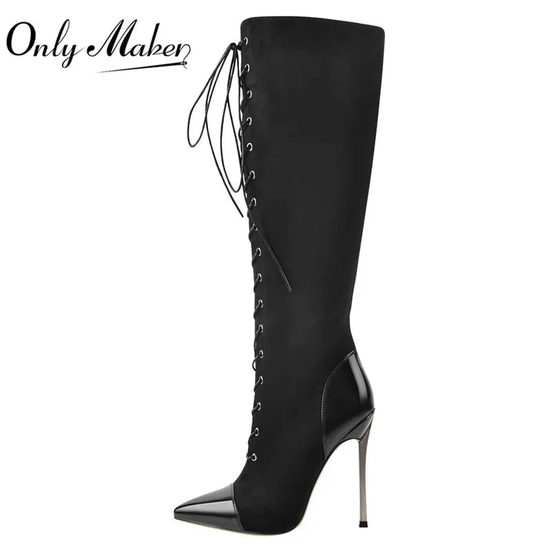 Only maker Frauen spitzen Zehen Metall absatz sexy schwarz über dem Knie Schnürung Flock Stiletto High Side Reiß verschluss Winters tiefel - Blockshop.store