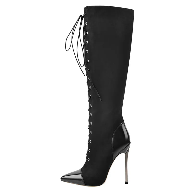 Only maker Frauen spitzen Zehen Metall absatz sexy schwarz über dem Knie Schnürung Flock Stiletto High Side Reiß verschluss Winters tiefel - Blockshop.store