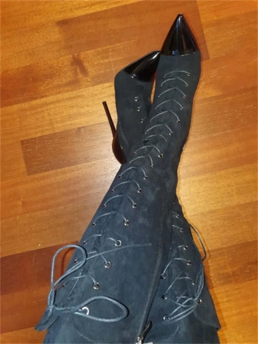 Only maker Frauen spitzen Zehen Metall absatz sexy schwarz über dem Knie Schnürung Flock Stiletto High Side Reiß verschluss Winters tiefel - Blockshop.store