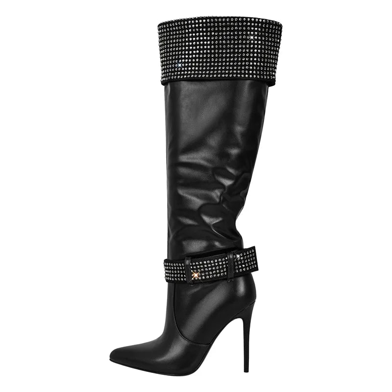 Only maker Frauen Strass spitzen Zehen schwarz matt kniehohe Stiefel Stiletto Mode lange Stiefel - Blockshop.store