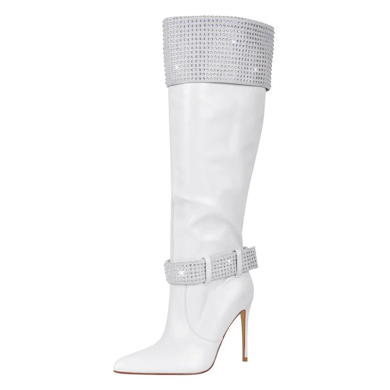 Only maker Frauen Strass spitzen Zehen schwarz matt kniehohe Stiefel Stiletto Mode lange Stiefel - Blockshop.store