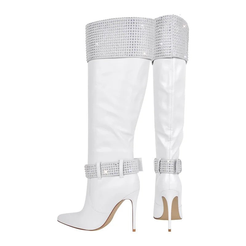 Only maker Frauen Strass spitzen Zehen schwarz matt kniehohe Stiefel Stiletto Mode lange Stiefel - Blockshop.store
