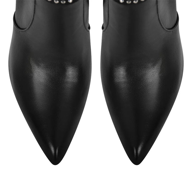 Only maker Frauen Strass spitzen Zehen schwarz matt kniehohe Stiefel Stiletto Mode lange Stiefel - Blockshop.store