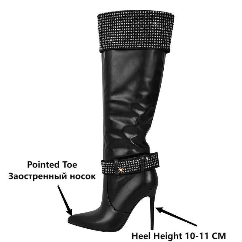 Only maker Frauen Strass spitzen Zehen schwarz matt kniehohe Stiefel Stiletto Mode lange Stiefel - Blockshop.store