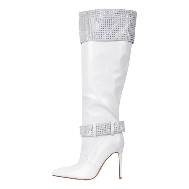 Only maker Frauen Strass spitzen Zehen schwarz matt kniehohe Stiefel Stiletto Mode lange Stiefel - Blockshop.store
