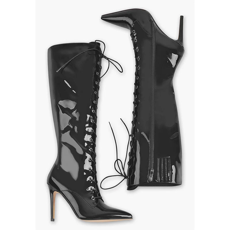 Onlymaker Damen - Stiefel mit spitzer Zehenpartie, seitlicher Reißverschluss, 10 cm hoher Absatz, sexy Leopardenmuster, Stiletto, Stretch, kniehohe Stiefel, Schnürstiefel - Blockshop.store