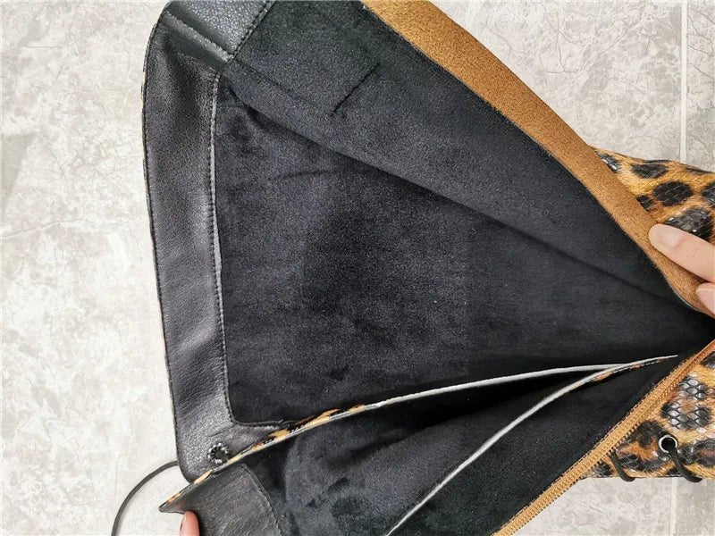 Onlymaker Damen - Stiefel mit spitzer Zehenpartie, seitlicher Reißverschluss, 10 cm hoher Absatz, sexy Leopardenmuster, Stiletto, Stretch, kniehohe Stiefel, Schnürstiefel - Blockshop.store
