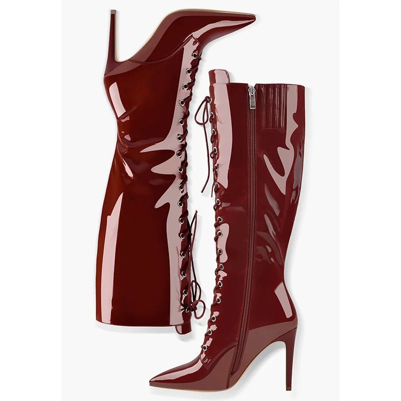 Onlymaker Damen - Stiefel mit spitzer Zehenpartie, seitlicher Reißverschluss, 10 cm hoher Absatz, sexy Leopardenmuster, Stiletto, Stretch, kniehohe Stiefel, Schnürstiefel - Blockshop.store