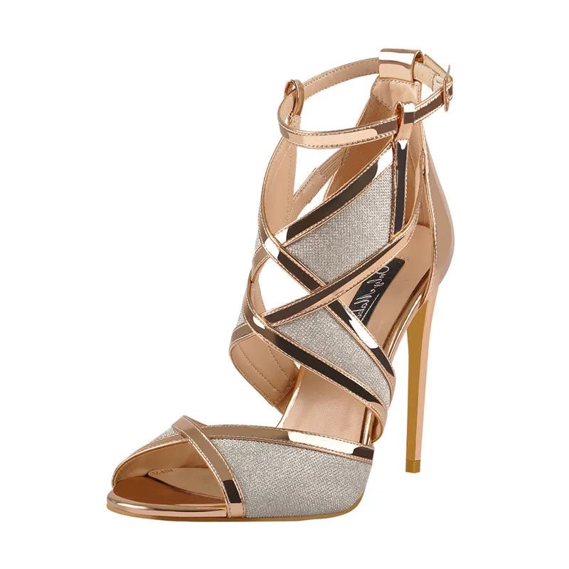 Onlymaker Frauen Peep Toe 12 CM Dünne High Heels Glitter Cut Out Gold Abend Party Kleid Sandalen Ankle Strap Öffnen toe Pumps - Blockshop.store