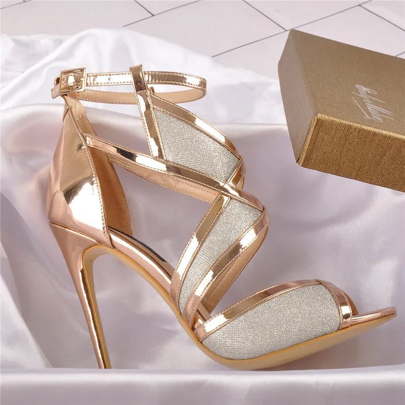 Onlymaker Frauen Peep Toe 12 CM Dünne High Heels Glitter Cut Out Gold Abend Party Kleid Sandalen Ankle Strap Öffnen toe Pumps - Blockshop.store