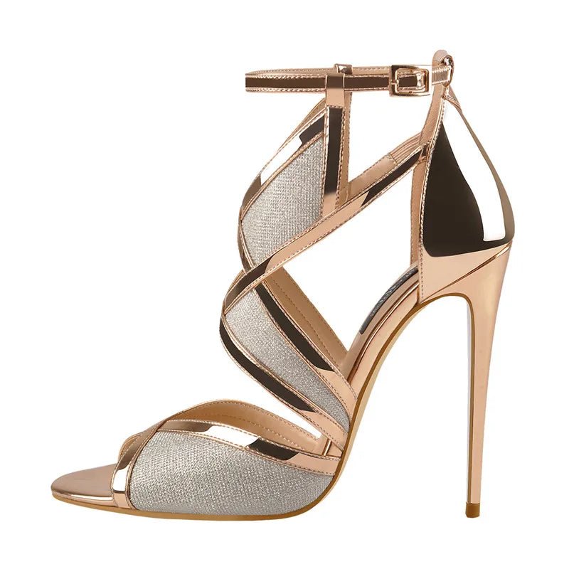 Onlymaker Frauen Peep Toe 12 CM Dünne High Heels Glitter Cut Out Gold Abend Party Kleid Sandalen Ankle Strap Öffnen toe Pumps - Blockshop.store