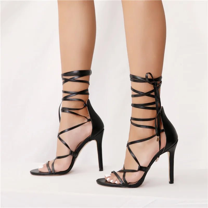 Onlymaker Frauen Peep Toe Gladiator Ankle Strap Spitze up 12CM High Heels Schwarz Offene spitze Stiletto Mit Hohen Absätzen Strappy Sandalen - Blockshop.store
