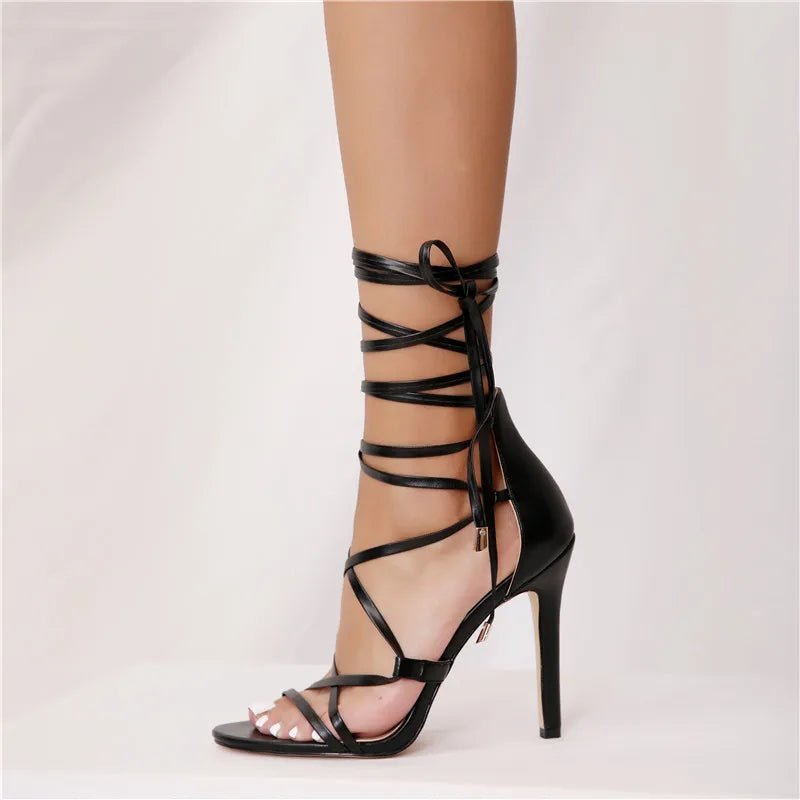 Onlymaker Frauen Peep Toe Gladiator Ankle Strap Spitze up 12CM High Heels Schwarz Offene spitze Stiletto Mit Hohen Absätzen Strappy Sandalen - Blockshop.store