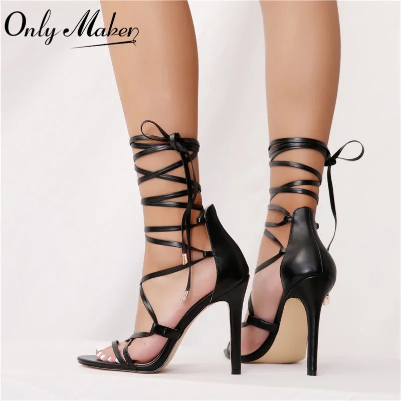 Onlymaker Frauen Peep Toe Gladiator Ankle Strap Spitze up 12CM High Heels Schwarz Offene spitze Stiletto Mit Hohen Absätzen Strappy Sandalen - Blockshop.store