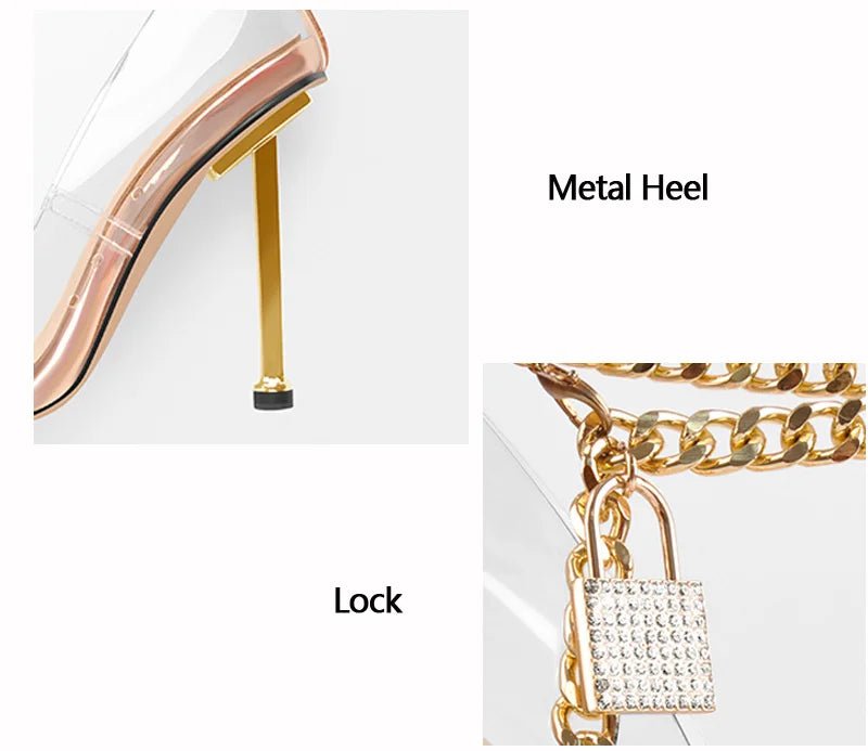Onlymaker Marke Frauen Große Größe Spitz Metall Thin High Heel Pumps Metall Dekoration PVC Sommer Kleid Party Sandalen - Blockshop.store