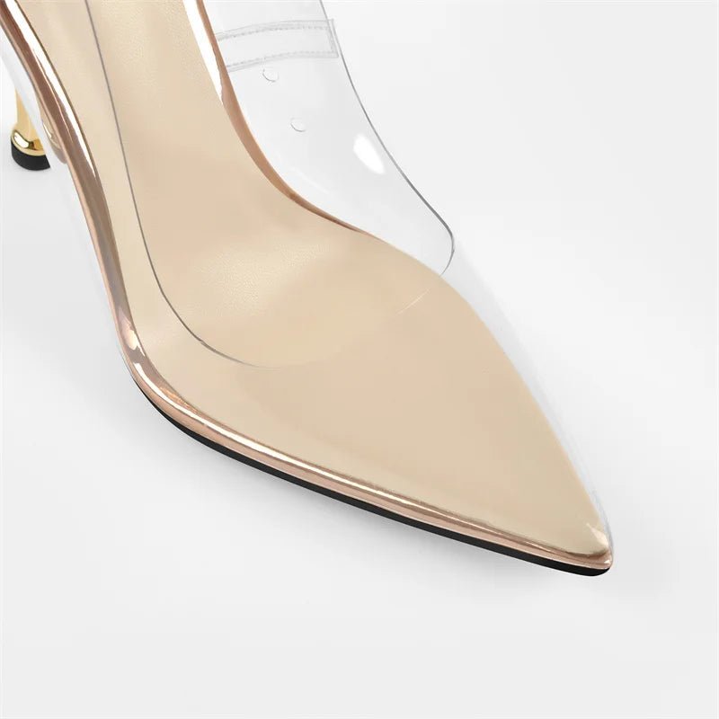 Onlymaker Marke Frauen Große Größe Spitz Metall Thin High Heel Pumps Metall Dekoration PVC Sommer Kleid Party Sandalen - Blockshop.store