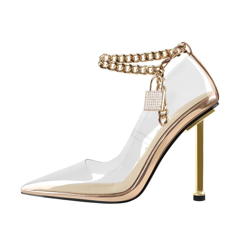 Onlymaker Marke Frauen Große Größe Spitz Metall Thin High Heel Pumps Metall Dekoration PVC Sommer Kleid Party Sandalen - Blockshop.store