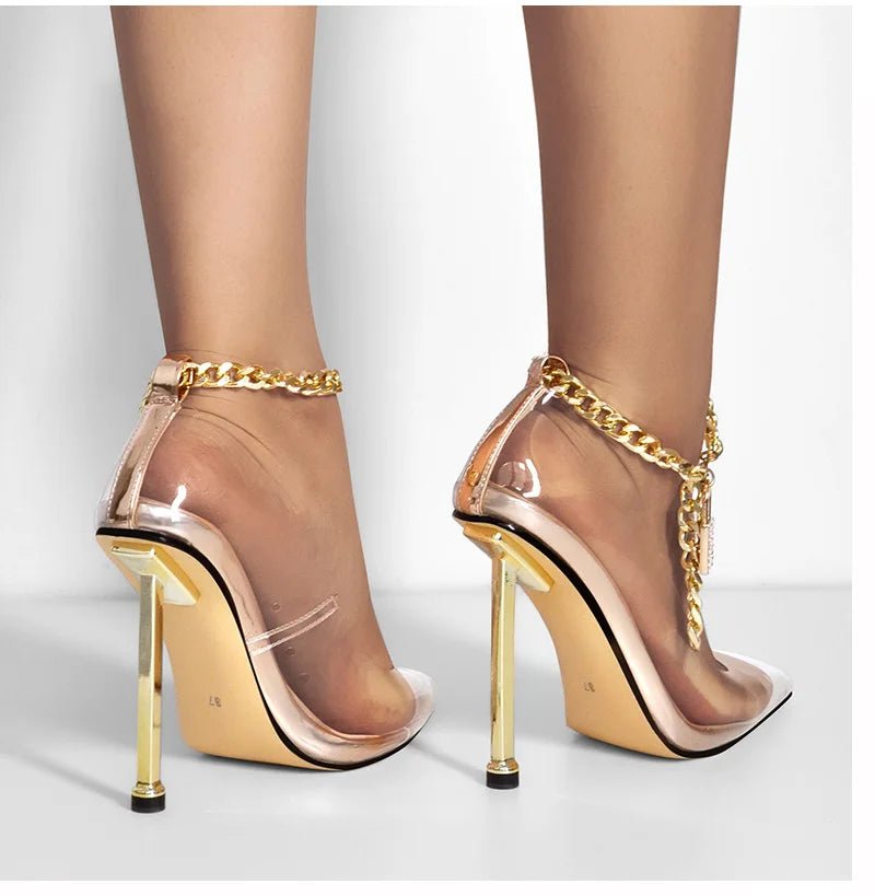 Onlymaker Marke Frauen Große Größe Spitz Metall Thin High Heel Pumps Metall Dekoration PVC Sommer Kleid Party Sandalen - Blockshop.store