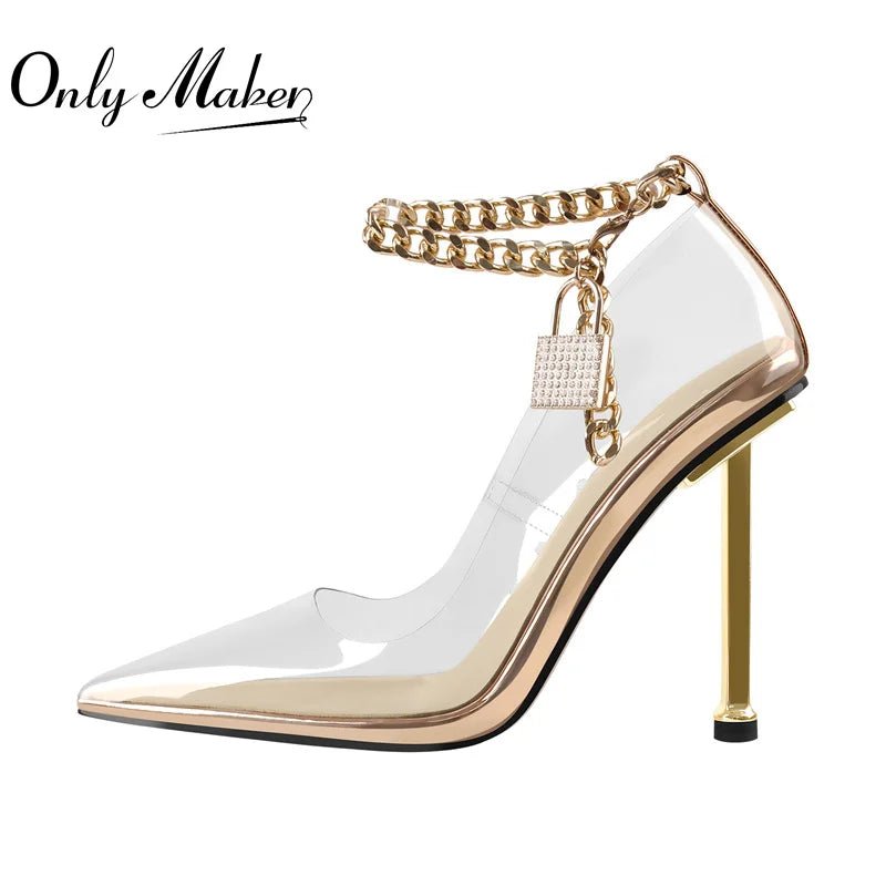 Onlymaker Marke Frauen Große Größe Spitz Metall Thin High Heel Pumps Metall Dekoration PVC Sommer Kleid Party Sandalen - Blockshop.store