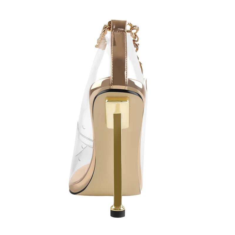 Onlymaker Marke Frauen Große Größe Spitz Metall Thin High Heel Pumps Metall Dekoration PVC Sommer Kleid Party Sandalen - Blockshop.store