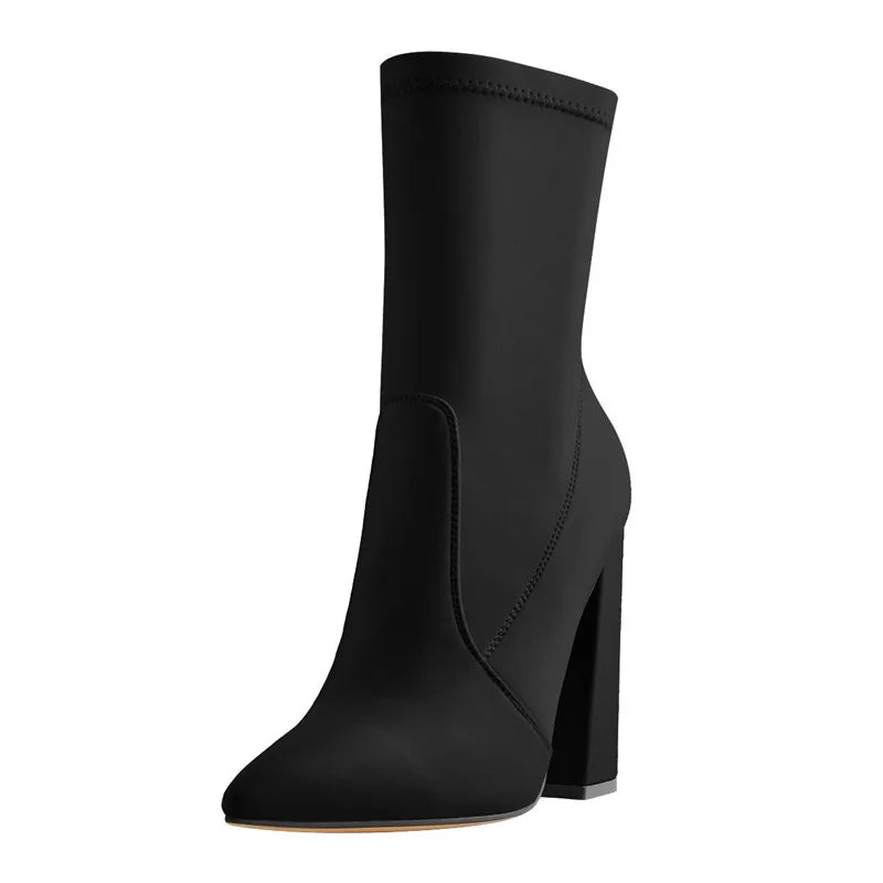Onlymaker Spitz Schwarz Minimalistischen Stretch Chunky Block High Heels Größe Zipper Dicken Knöchel Booties Plus Größe US5 ~ US15 - Blockshop.store