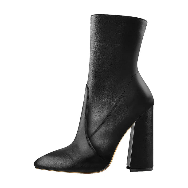 Onlymaker Spitz Schwarz Minimalistischen Stretch Chunky Block High Heels Größe Zipper Dicken Knöchel Booties Plus Größe US5 ~ US15 - Blockshop.store