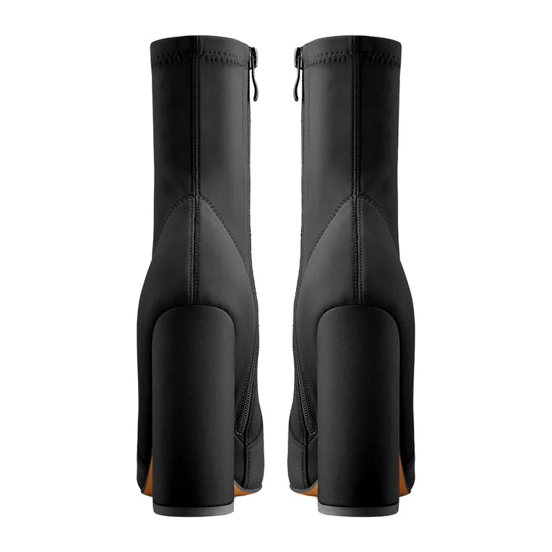 Onlymaker Spitz Schwarz Minimalistischen Stretch Chunky Block High Heels Größe Zipper Dicken Knöchel Booties Plus Größe US5 ~ US15 - Blockshop.store