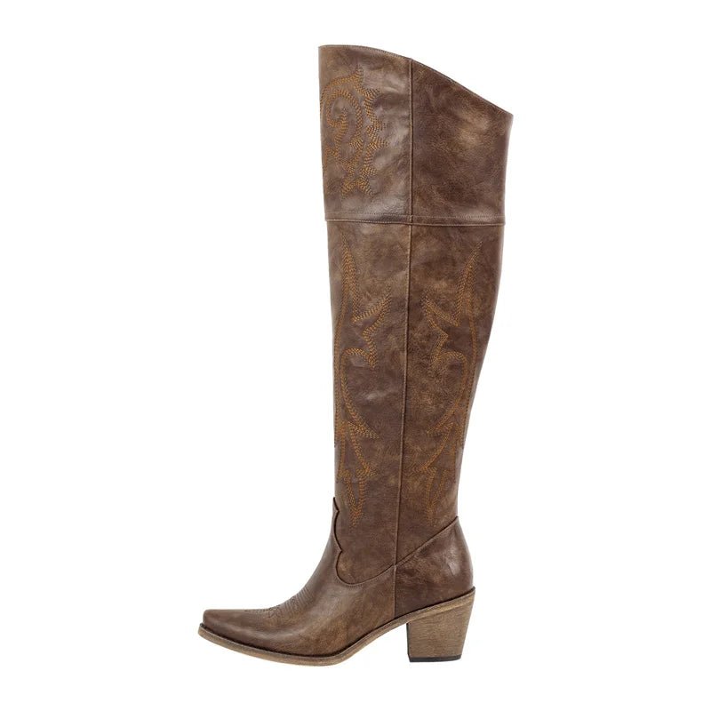 Onlymaker Winter Frauen Schwarz Braun Kniehohe Stiefel Spitz Chunky Pull Auf Bestickt Dick Heels Stiefel Zipper Große Größe - Blockshop.store